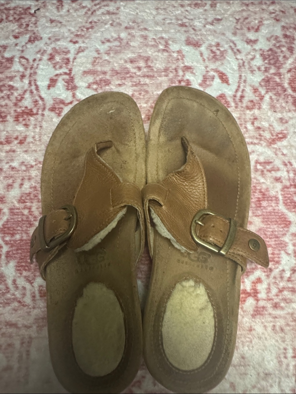 UGG Tan Leather Buckle Slide with Shearling Footbed